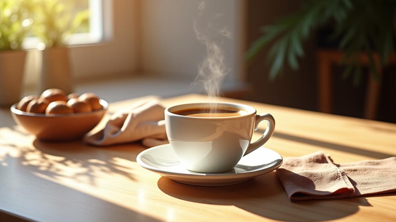 落ち着いた朝の光の中で楽しむヘルシーなコーヒー