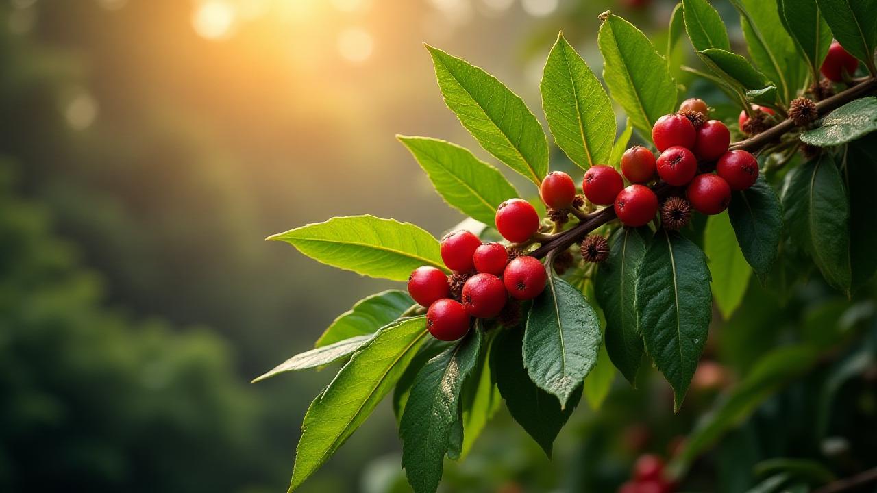 持続可能な農園で育つコーヒーノキと完熟した実